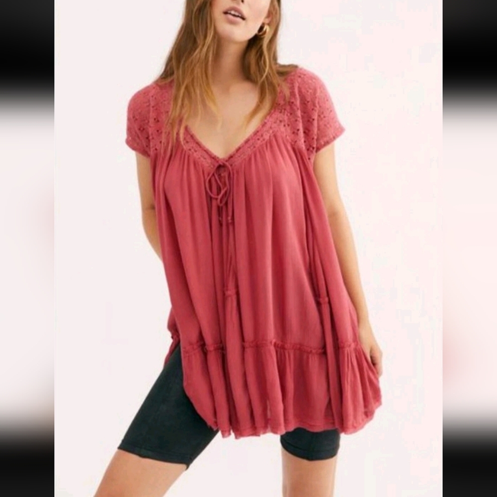 Free People NWT Sunfest  Crochet  Tiered Tunic Dress In Pink/Rose Size S